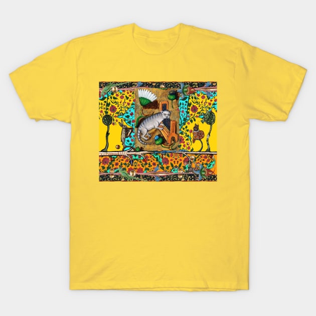 WEIRD MEDIEVAL BESTIARY MAKING MUSIC, Cat Playing Organ,Harpist Rabbit,Snail Cat in Yellow Blue T-Shirt by BulganLumini